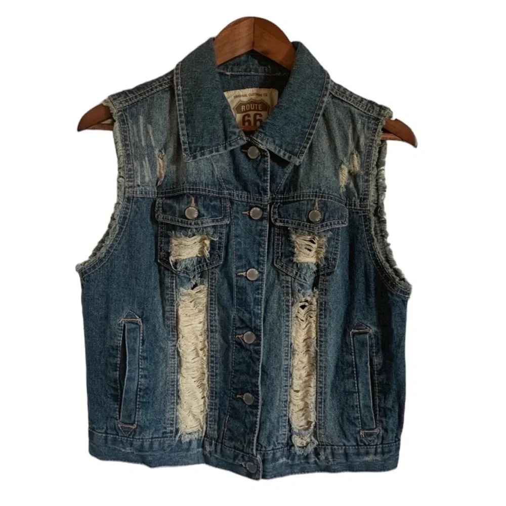 Route 66 Distressed Denim Vest - Picture 1 of 6